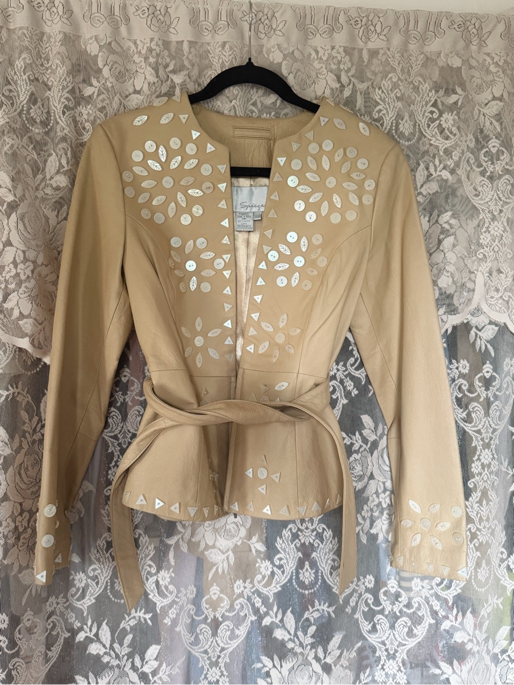 Spiegel Beige Embellished Leather Belted Jacket